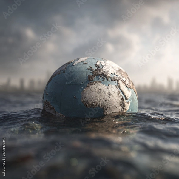 Obraz Half-submerged globe in rising water