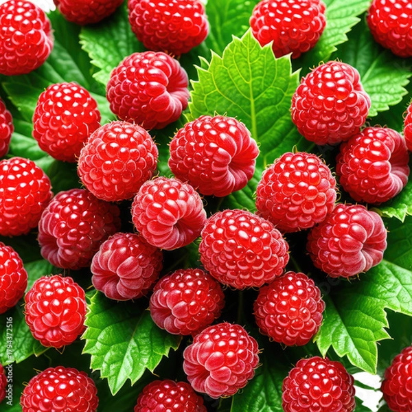 Obraz Raspberries atop vibrant green leaves, creating a fresh composition
