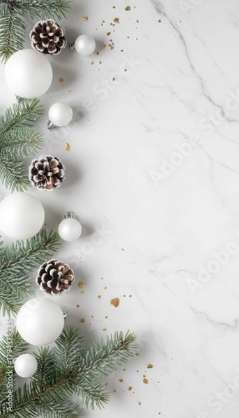 Obraz Minimalistic Christmas Frame with Pinecones and White Ornaments
