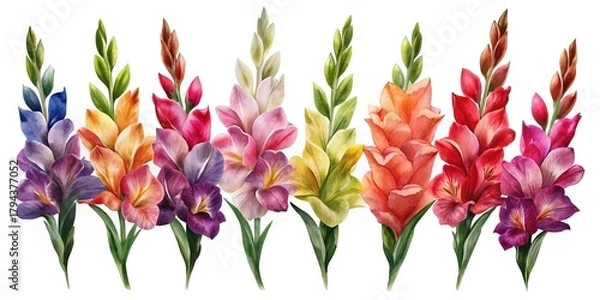Obraz Vibrant watercolor gladiolus flowers, various colors, on white background.