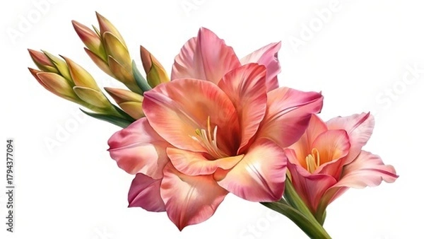 Obraz Elegant pink and peach gladiolus flowers with fresh green buds, isolated.