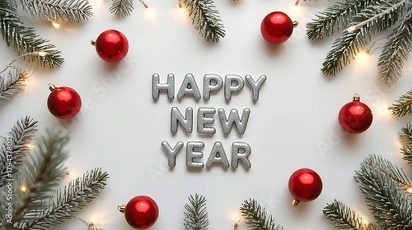 Fototapeta Festive happy new year message surrounded by frosted pine branches and red ornaments