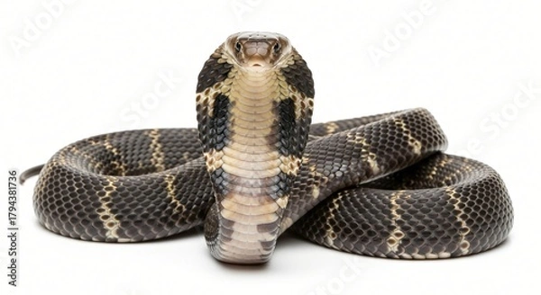 Obraz Cobra snake coiled on a white background front view displaying patterned scales and hood