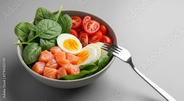 Obraz Healthy salmon and egg salad bowl made with spinach and tomatoes. Healthy food bowl