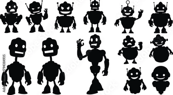 Obraz Cartoon robot silhouettes, futuristic character design, cute AI bots, vector illustration, playful robotics, kids tech art, abstract android icons