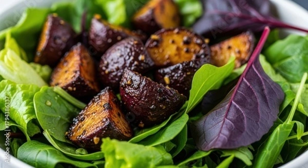 Obraz Fresh salad with roasted sweet potato wedges and mixed greens. Closeup of salad with green vegetables