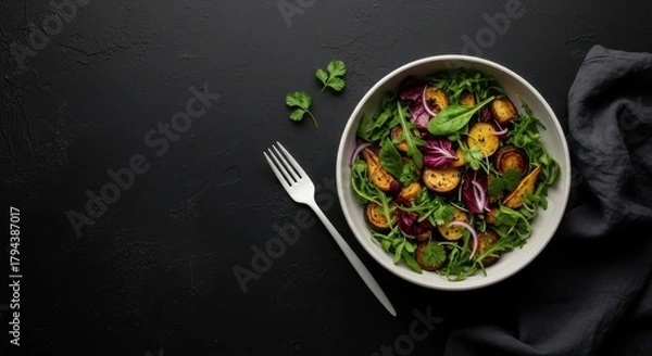Obraz Fresh and healthy salad with roasted vegetables and greens on a dark background. Delicious salad with roasted vegetables, photo above