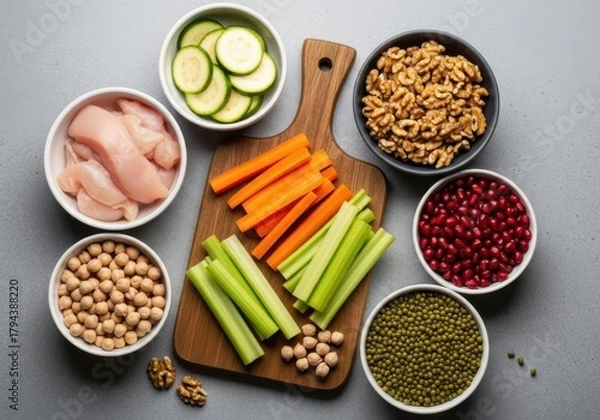 Obraz Overhead view of healthy ingredients for making a balanced meal. Healthy salad ingredients on a gray background