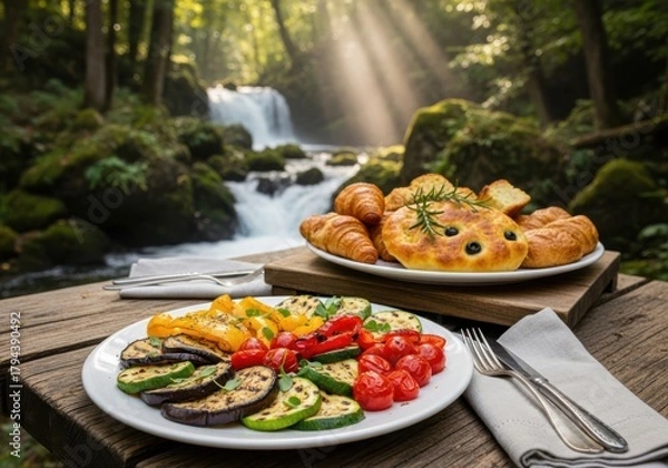 Obraz Healthy outdoor breakfast with fresh vegetables and pastries by the waterfall. Delicious food arrangement, picnic by the waterfall