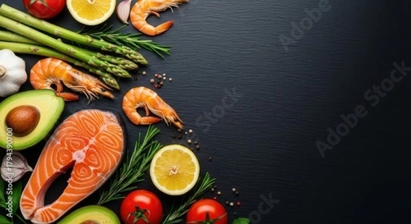 Obraz Fresh salmon steak shrimp asparagus avocado tomato and lemon on dark background