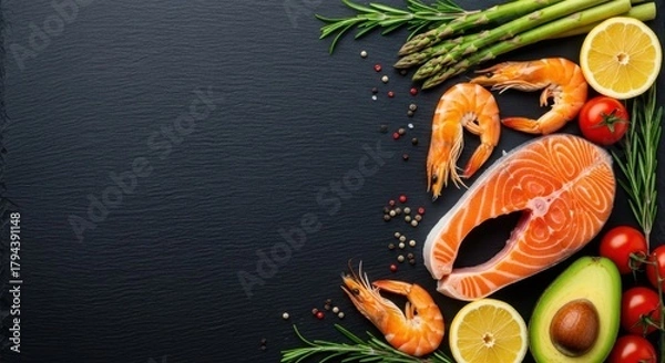 Obraz Arranged fresh seafood and vegetables. Fresh salmon steak and seafood with vegetables on a dark background