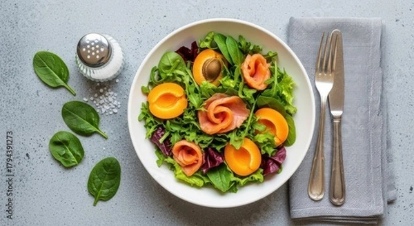 Obraz Fresh salad with peaches and ham on a gray background. Fresh salad with greens ready to eat