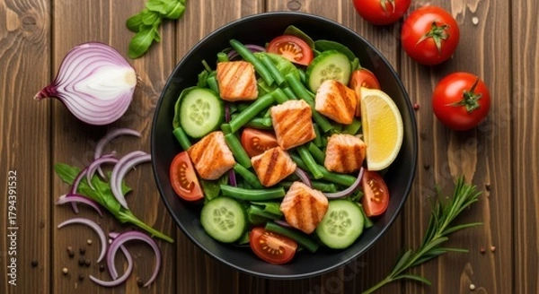 Obraz Healthy salmon salad. Grilled salmon salad with green beans, tomatoes, cucumbers and lemon on wood
