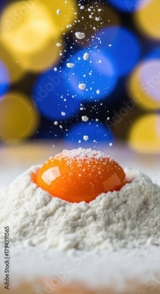 Obraz Flour is dripping onto egg yolks against a background of bokeh lights. Egg yolks with flour