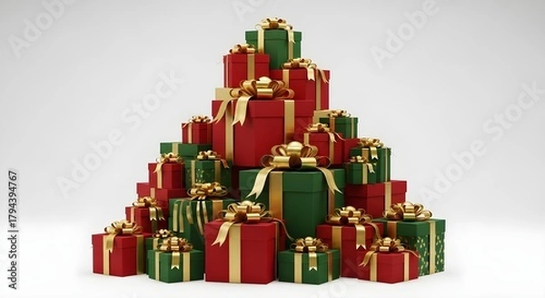Fototapeta A collection of wrapped Christmas gifts, stacked in a festive arrangement, with gold bows.