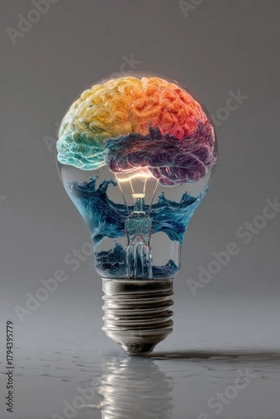 Obraz A vibrant, rainbow-colored brain resides within a clear lightbulb, illuminated from within, sitting on a reflective surface against a neutral gray backdrop