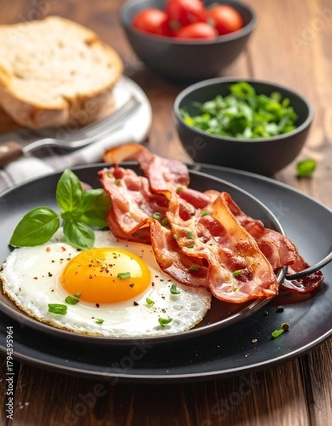 Obraz A plate of cooked breakfast items fried egg, bacon, chopped chives and basil garnish. To the side are tomatoes, greens, and bread