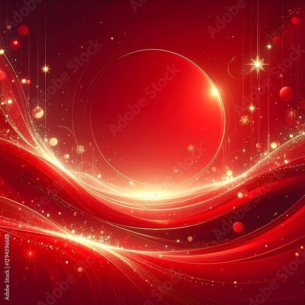 Obraz A radiant red background with gold highlights, featuring a central circle, flowing lines, and sparkling elements. It has a warm glow