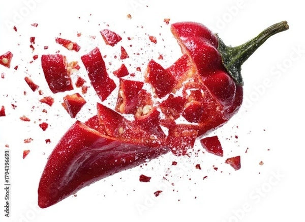 Obraz A vibrant red chili pepper explodes into numerous fragments against a stark white background, showcasing its inner texture and a scattering of tiny particles