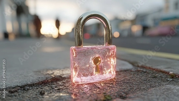 Fototapeta A translucent pink padlock with a gold shackle rests on a city sidewalk at sunset, glowing faintly.  Blurred background shows street and pedestrians