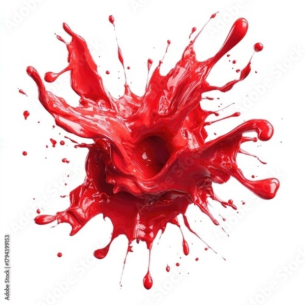 Obraz A vibrant red liquid explodes outwards, creating a dynamic, chaotic splash against a stark white background.  The central cavity suggests impact