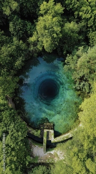 Fototapeta Aerial view of a deep, dark blue sinkhole or cenote nestled within a lush green forest, partially surrounded by a weathered stone structure.  The water's clarity reveals its depth