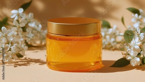 Fototapeta Amber cosmetic jar with gold lid, nestled amongst delicate white blossoms on a beige surface, bathed in soft sunlight