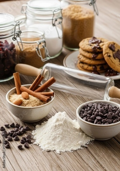 Obraz Cookie making ingredients arranged on a wooden table. Cinnamon, chocolate and chips, cookie making ingredients
