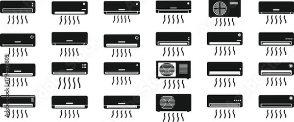 Obraz Air conditioner icons, HVAC symbols, cooling unit set, black and white vector, wall mount, window AC, compressor illustration