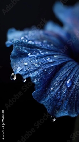 Fototapeta Close-up of a deep blue flower petal, richly textured, adorned with numerous water droplets, some clinging, others dripping, against a stark black background