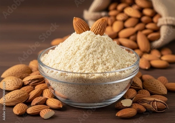 Obraz Bowl of almond flour, surrounded by almonds. Almond flour in a glass bowl filled with almonds on a wooden table