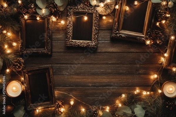 Obraz Festive New Year mockup featuring elegant frames adorned with twinkling lights and cheerful decorations, creating a warm, inviting atmosphere