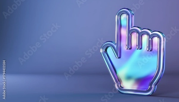 Fototapeta Holographic 3D hand cursor icon with glowing iridescent colors on soft blue surface.
