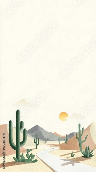 Fototapeta Minimalist desert landscape illustration featuring a winding road, saguaro cacti, low-poly mountains, and a setting sun, rendered in muted earth tones against a bright white sky