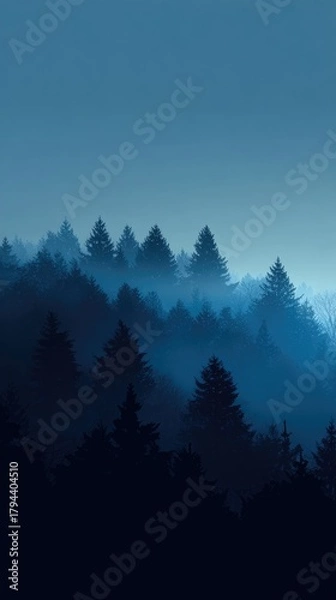 Fototapeta Misty twilight descends upon a dark, silhouetted evergreen forest, the trees fading into a hazy, cool-toned blue sky