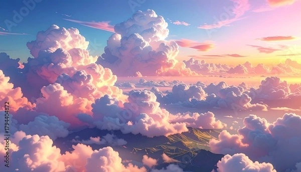 Obraz A vibrant sunrise sky filled with fluffy, pink and white clouds, overlooking a distant, green mountainous terrain