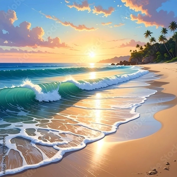 Obraz A vibrant sunset over a tropical beach. Golden light reflects on the waves and wet sand. Palm trees and gentle clouds adorn the background