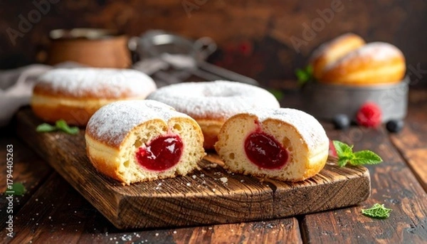 Obraz Powdered Jelly Donuts with Mint and Raspberries on Wooden Board