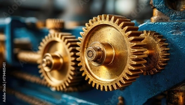 Fototapeta Close-up of two gold-toned gears meshing, mounted on a teal machine; showing intricate detail and wear