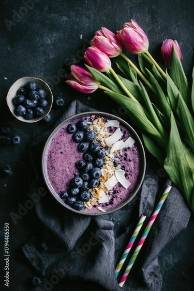 Fototapeta Overhead shot of a vibrant purple smoothie bowl topped with fresh blueberries and shredded coconut, accompanied by a bouquet of pink tulips and a small bowl of blueberries