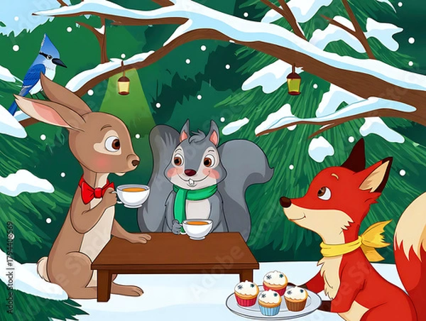 Fototapeta Festive forest animals gather around a Christmas tree with gifts, tea, and joy in snowy winter forest.