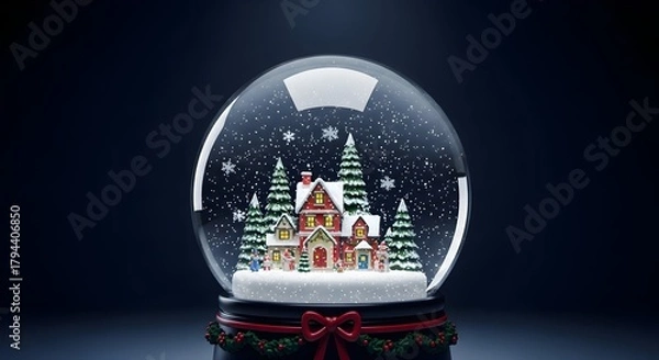 Fototapeta A snow globe featuring a miniature winter village scene with houses and snow-covered trees inside.