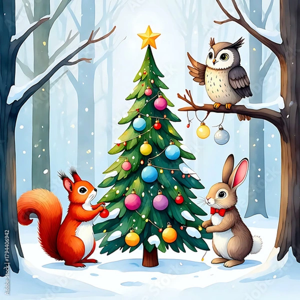 Fototapeta Festive forest animals gather around a Christmas tree with gifts, tea, and joy in snowy winter forest.