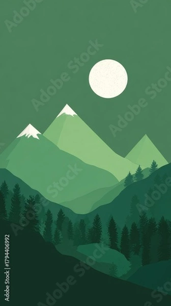 Fototapeta Stylized, minimalist depiction of a moonlit mountain range and valley, rendered in varying shades of green, with simplified, silhouetted trees
