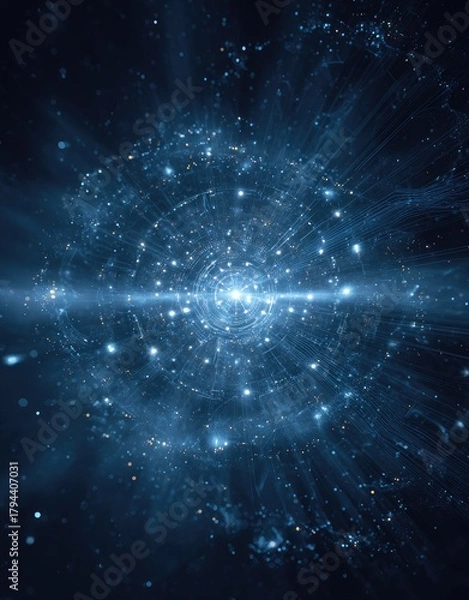 Obraz A vibrant, swirling nebula with a bright central core, radiating light and energy outwards, amidst a dark cosmic background sprinkled with tiny stars