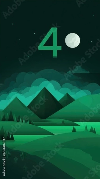 Fototapeta Stylized nighttime landscape featuring a large number four, a full moon, and low-poly mountains under a cloudy, dark green sky