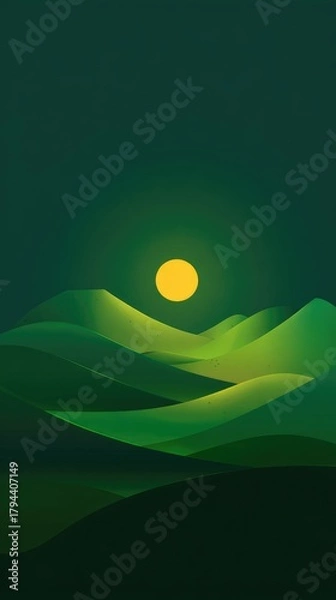 Fototapeta Stylized minimalist landscape featuring smooth, undulating green hills under a large, bright yellow moon in a dark teal night sky.  The scene is serene and evokes a sense of calm