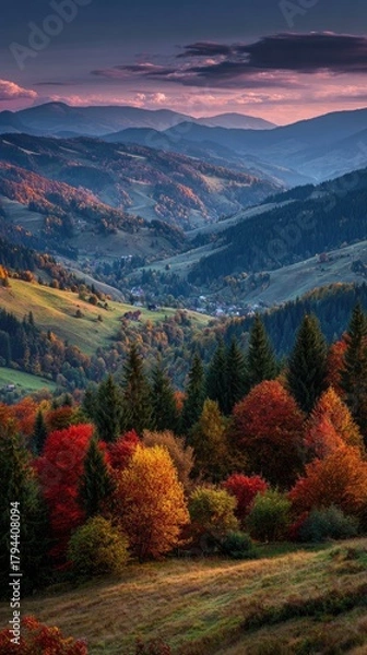 Fototapeta Vibrant autumnal landscape showcasing a valley nestled within rolling hills, displaying a spectrum of red