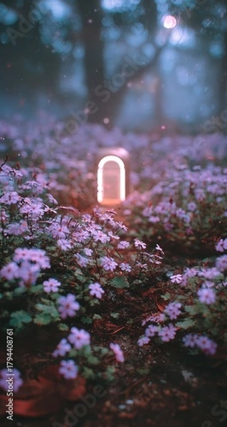 Fototapeta Glowing archway in a mystical, purple-flowered forest at twilight, ethereal light illuminating the scene, creating a dreamlike atmosphere