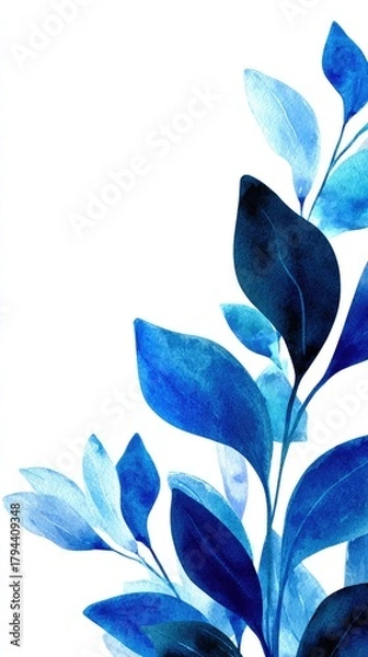Obraz Watercolor rendering of a branch with various shades of blue leaves, ranging from light to dark teal, against a stark white background; organic, flowing lines suggest gentle movement